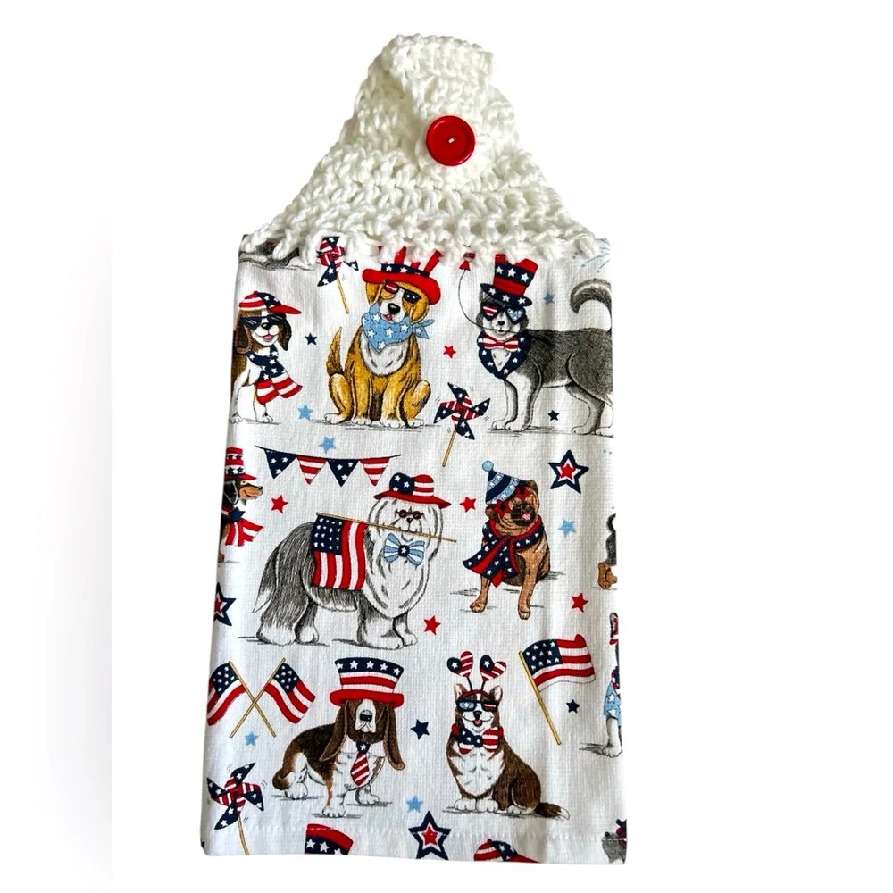Hand Crafted Colorful Festive American Patriotic Dogs Hanging Kitchen Hand Towel